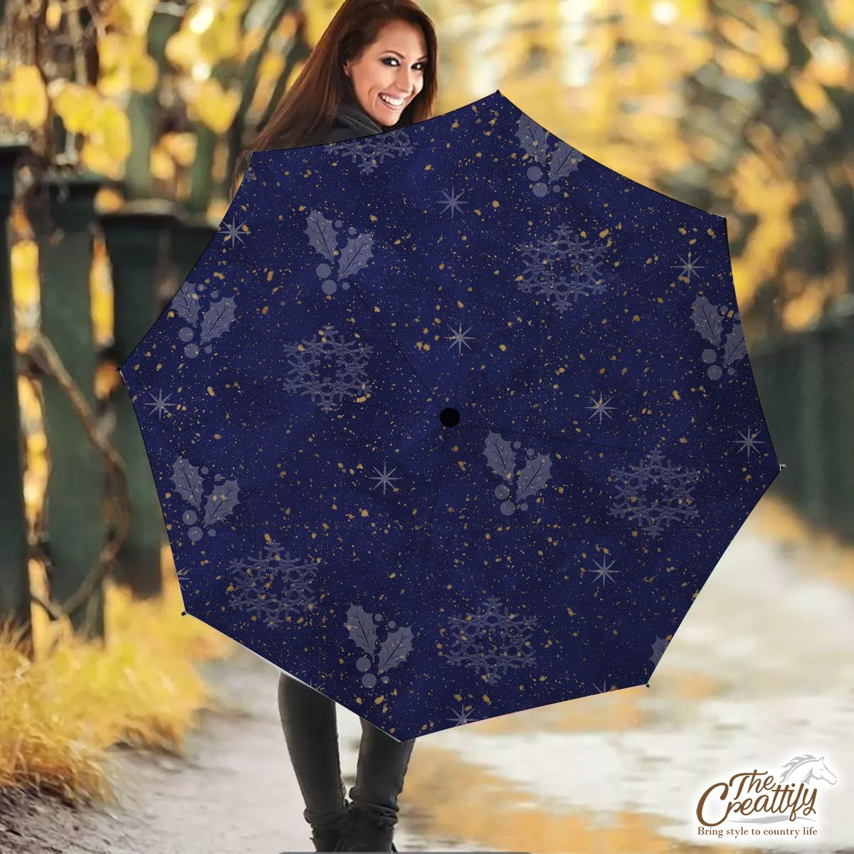Holly Leaf, Snowfake On Dark Blue Background Umbrella