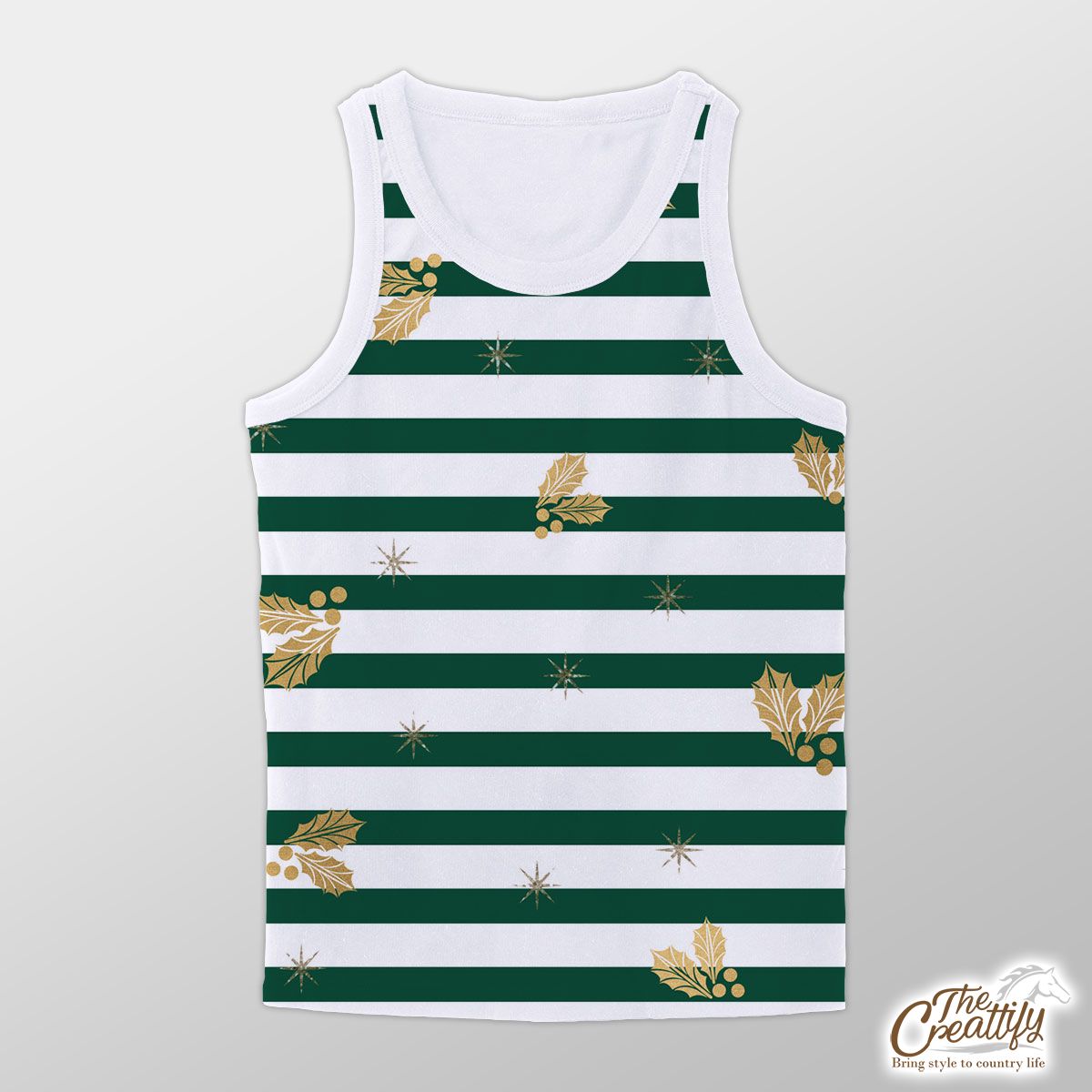 Holly Leaf On Green And White Stripe Unisex Tank Top