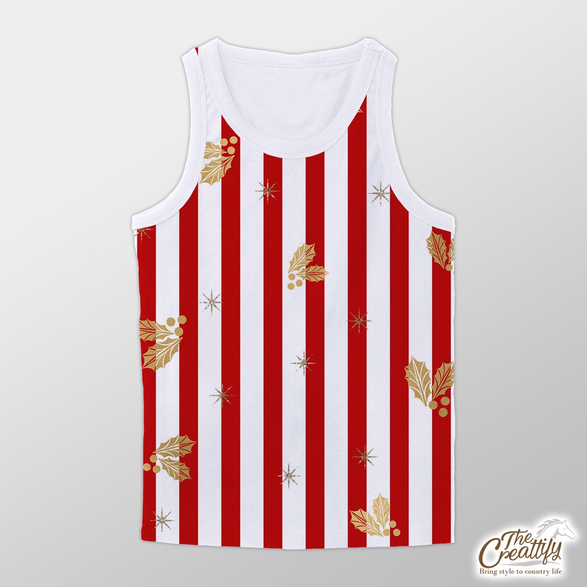 Holly Leaf On Red And White Stripe Unisex Tank Top