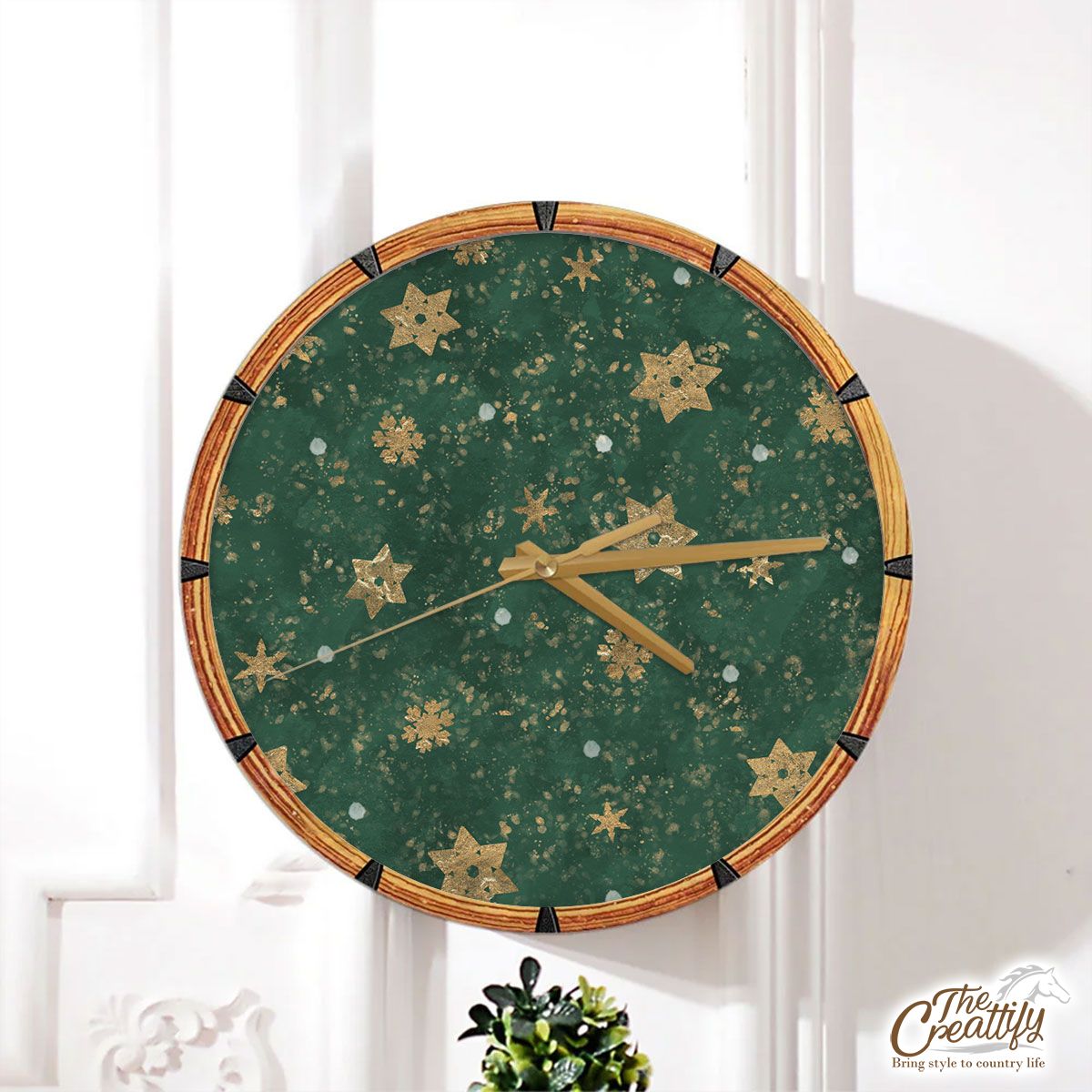 Gold Snowflake On Vintage Green Background Wall Clock