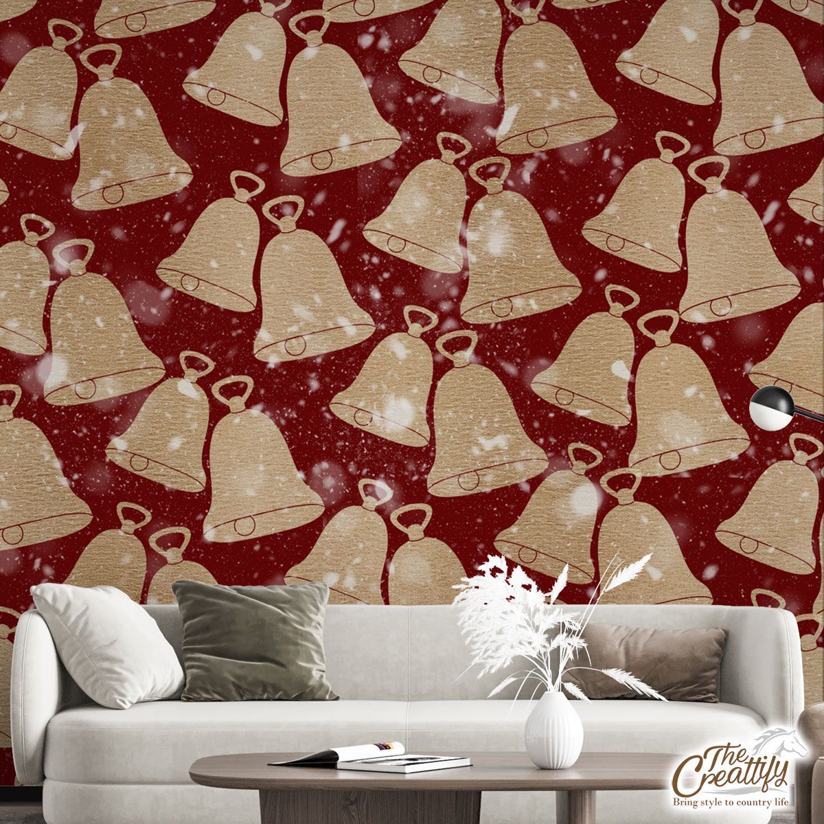 Gold Christmas Bell On Red Background Wall Mural