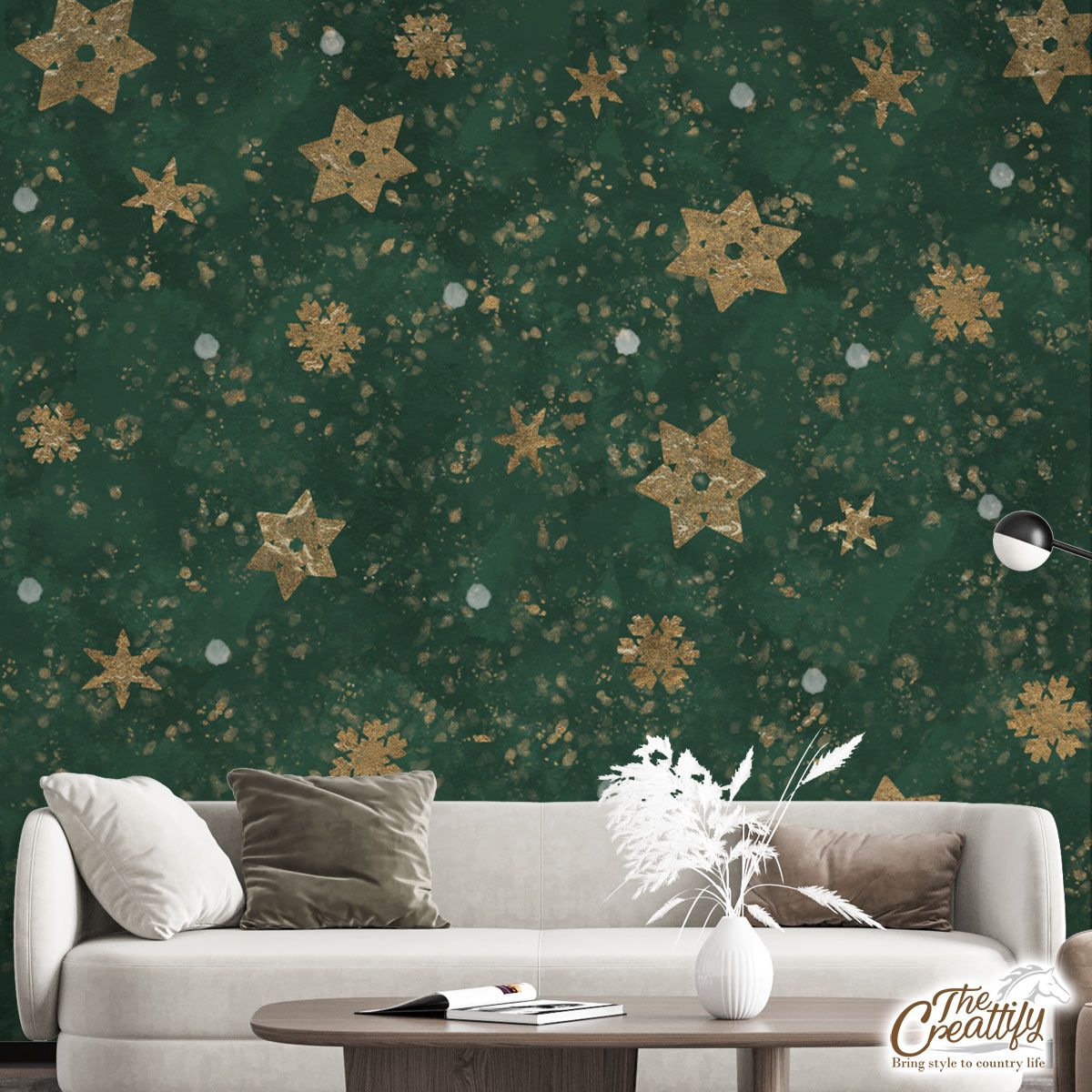 Gold Snowflake On Vintage Green Background Wall Mural