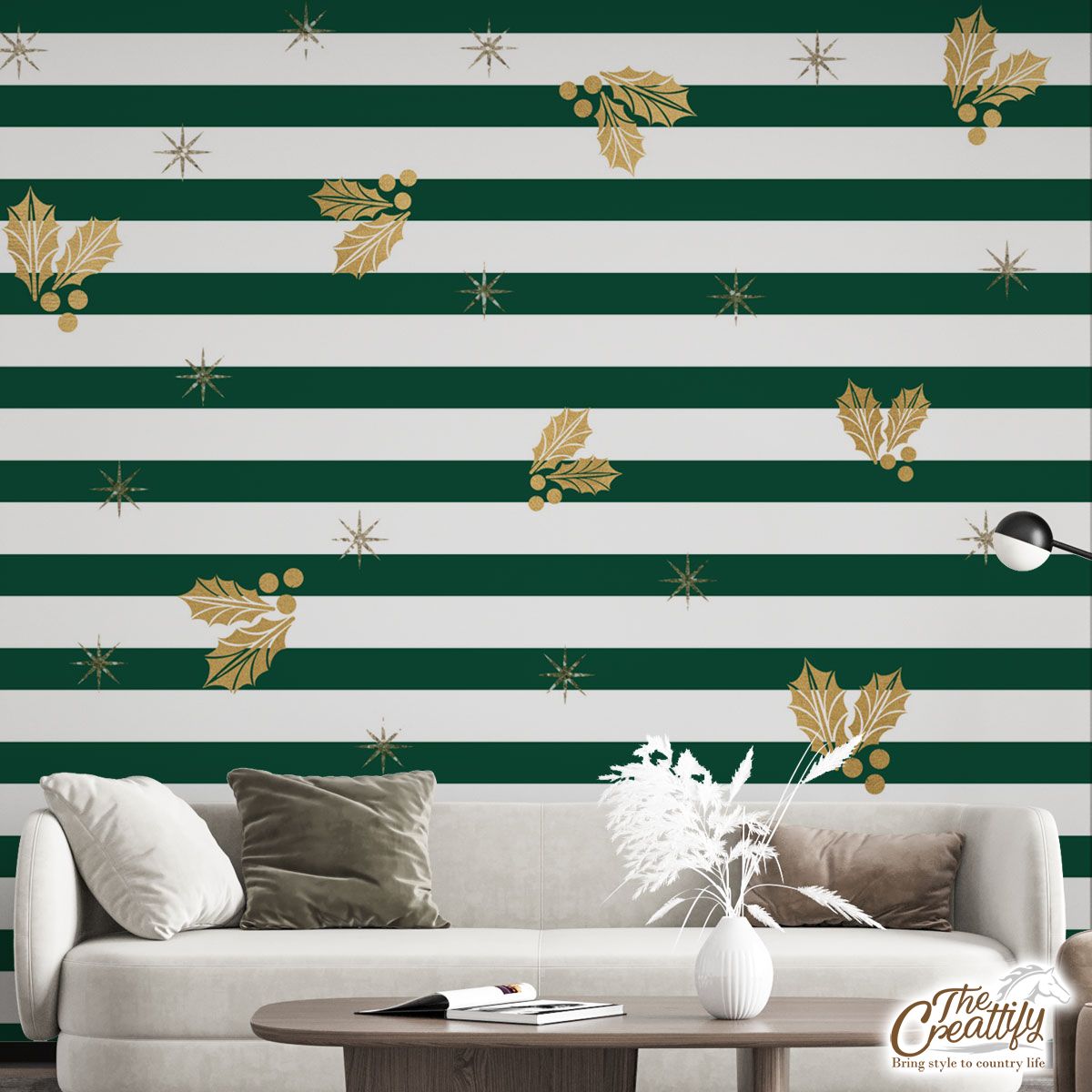 Holly Leaf On Green And White Stripe Wall Mural