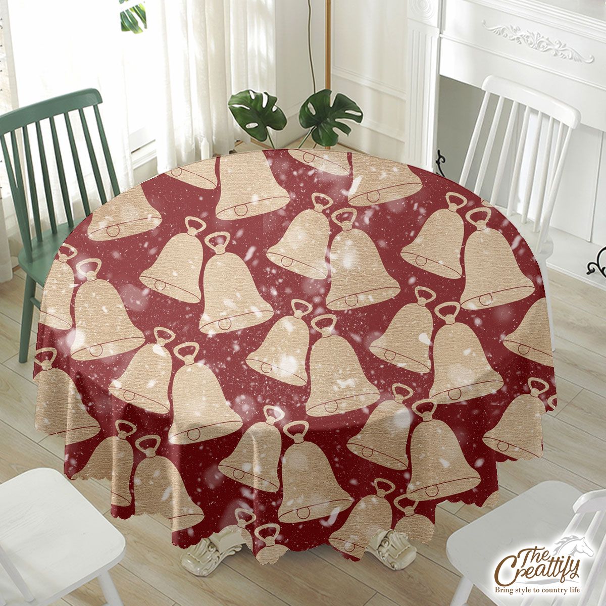 Gold Christmas Bell On Red Background Waterproof Tablecloth