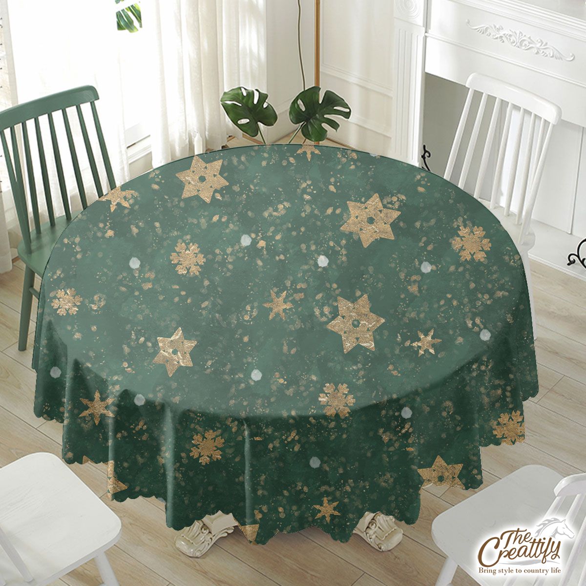 Gold Snowflake On Vintage Green Background Waterproof Tablecloth