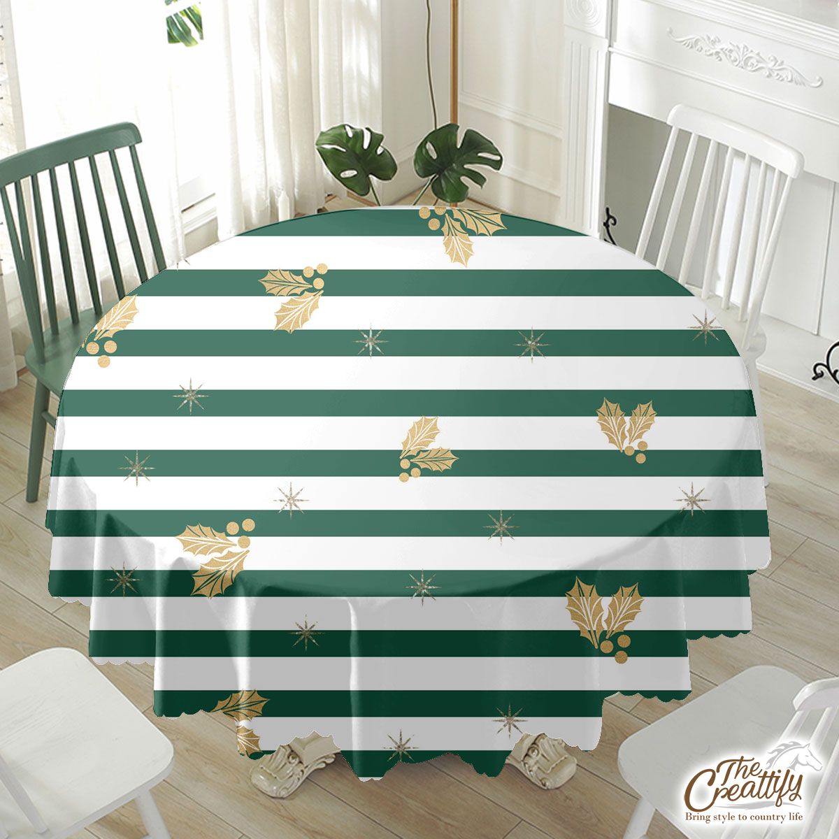 Holly Leaf On Green And White Stripe Waterproof Tablecloth