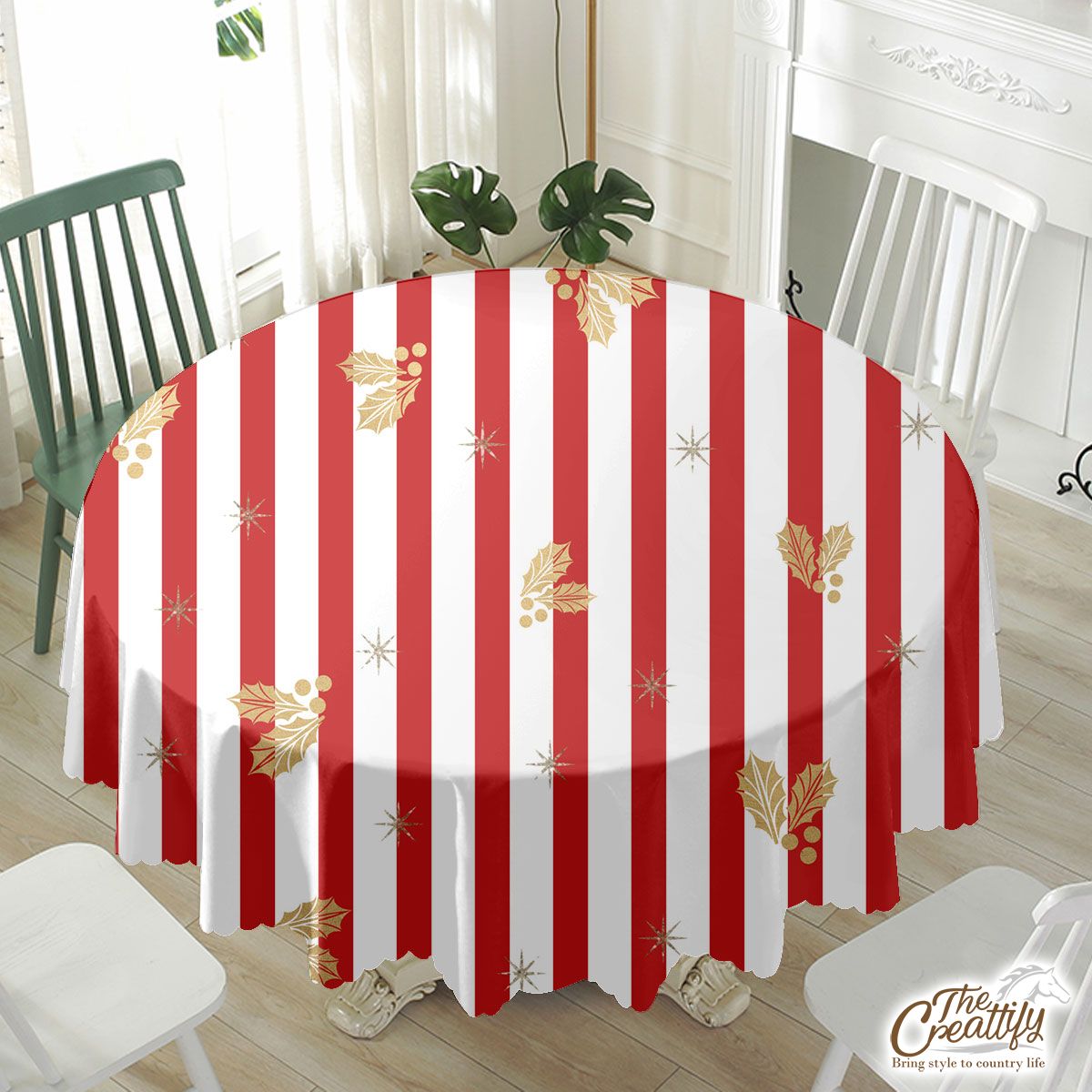 Holly Leaf On Red And White Stripe Waterproof Tablecloth