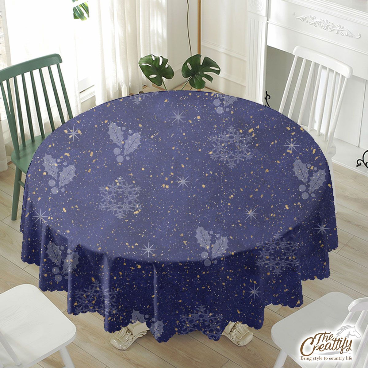 Holly Leaf, Snowfake On Dark Blue Background Waterproof Tablecloth