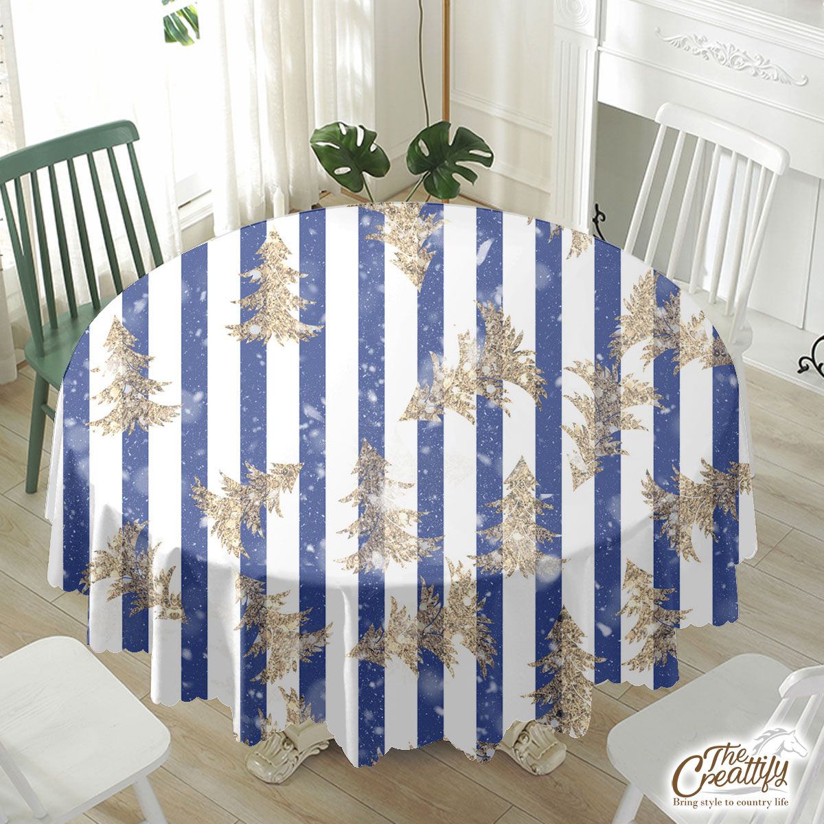 Twinkle Gold Christmas Tree On Stripe Background Waterproof Tablecloth
