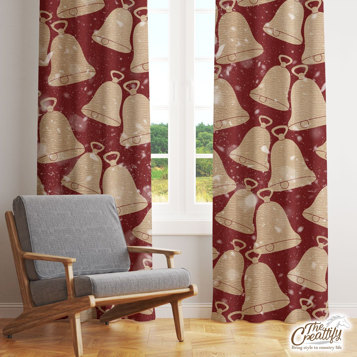 Gold Christmas Bell On Red Background Window Curtain