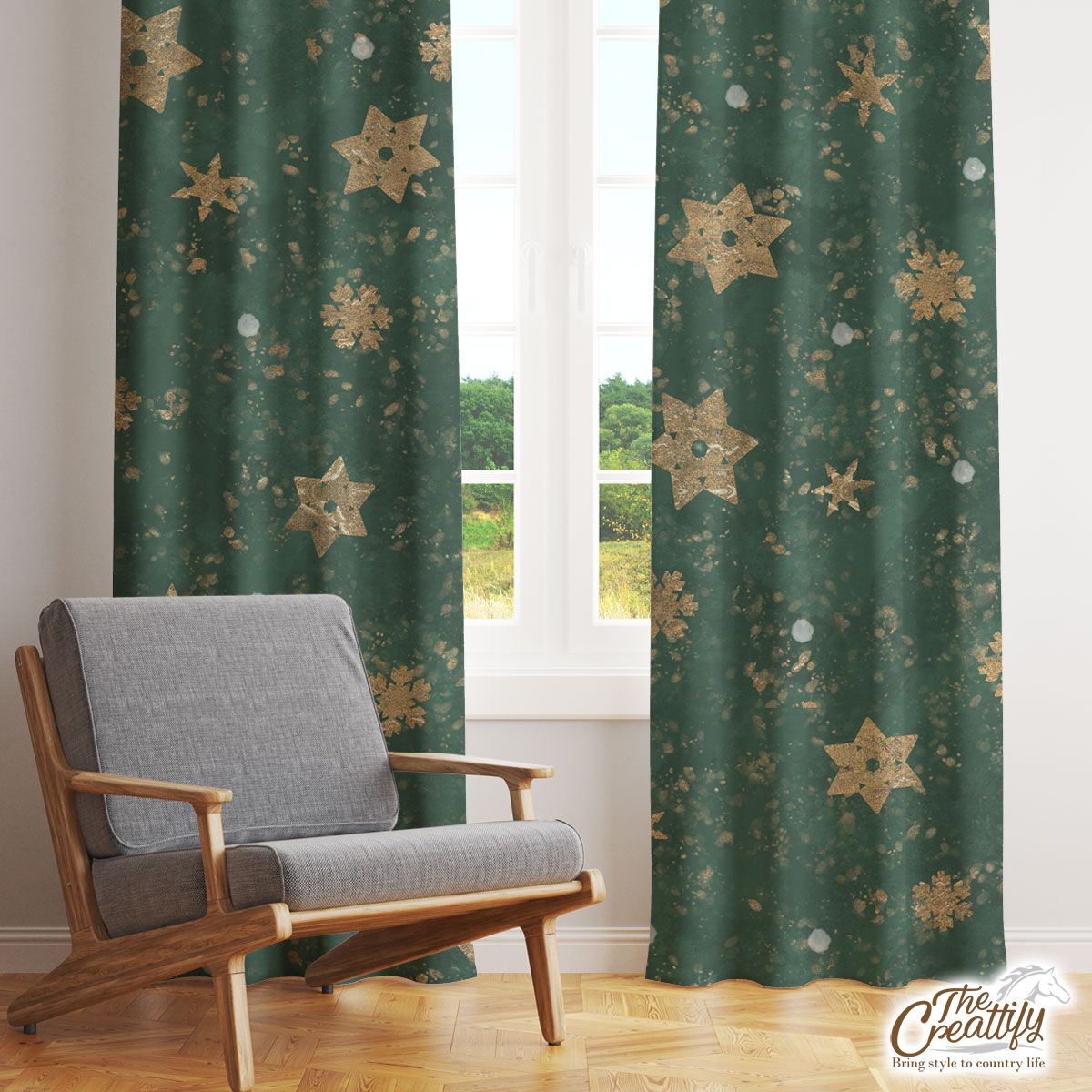 Gold Snowflake On Vintage Green Background Window Curtain
