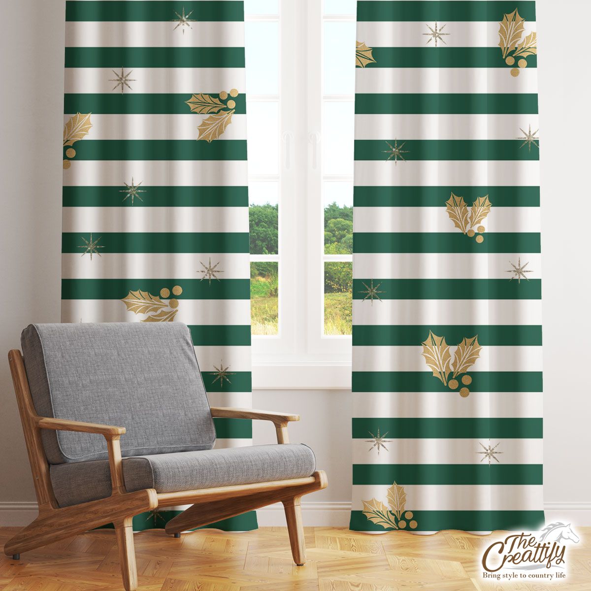 Holly Leaf On Green And White Stripe Window Curtain