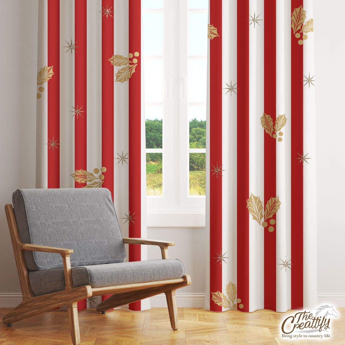 Holly Leaf On Red And White Stripe Window Curtain
