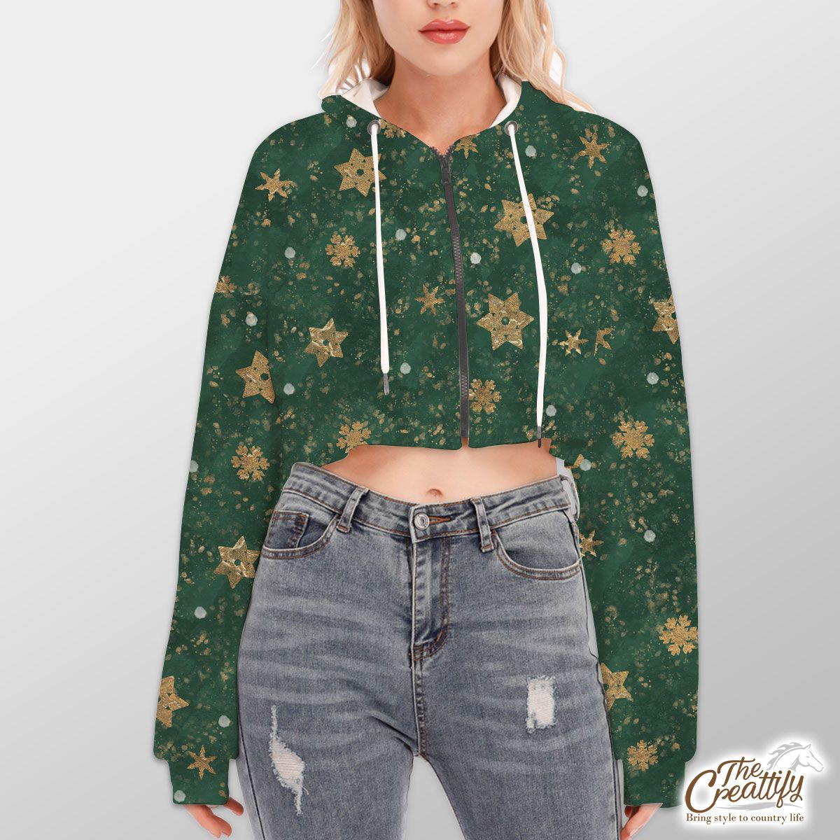 Gold Snowflake On Vintage Green Background Hoodie With Zipper Closure