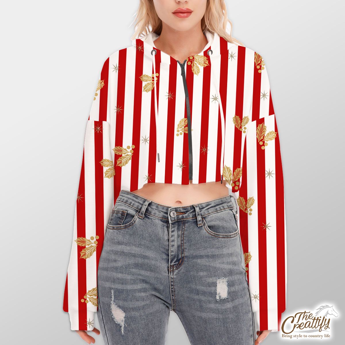 Holly Leaf On Red And White Stripe Hoodie With Zipper Closure