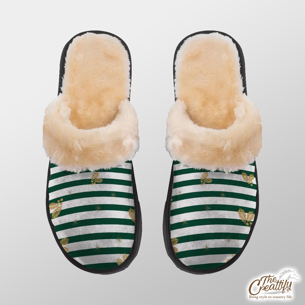 Holly Leaf On Green And White Stripe Home Plush Slippers