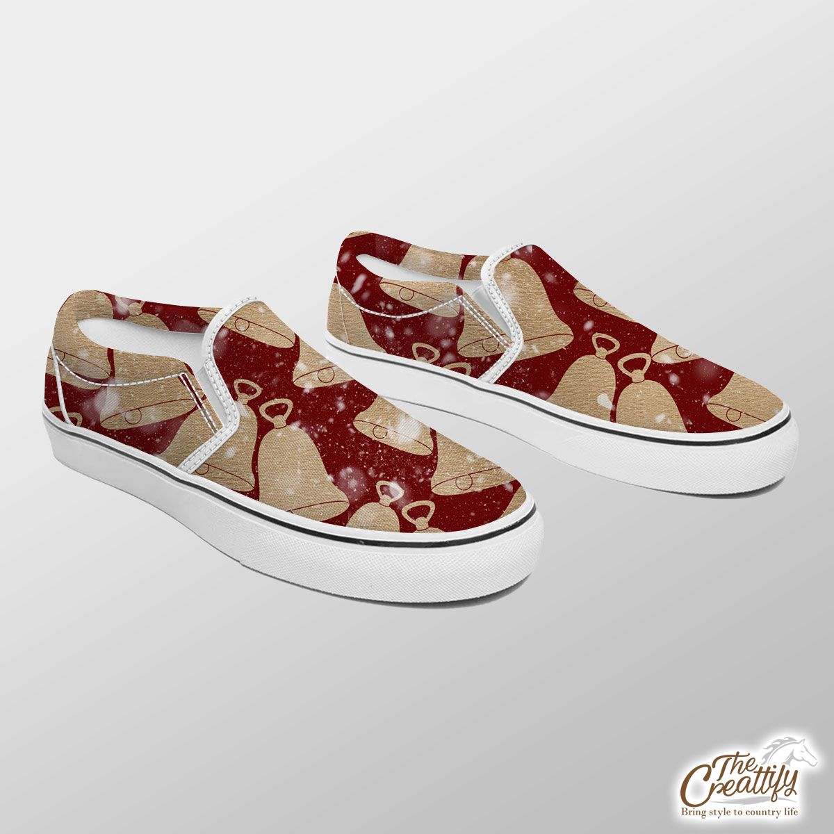 Gold Christmas Bell On Red Background Slip On Sneakers