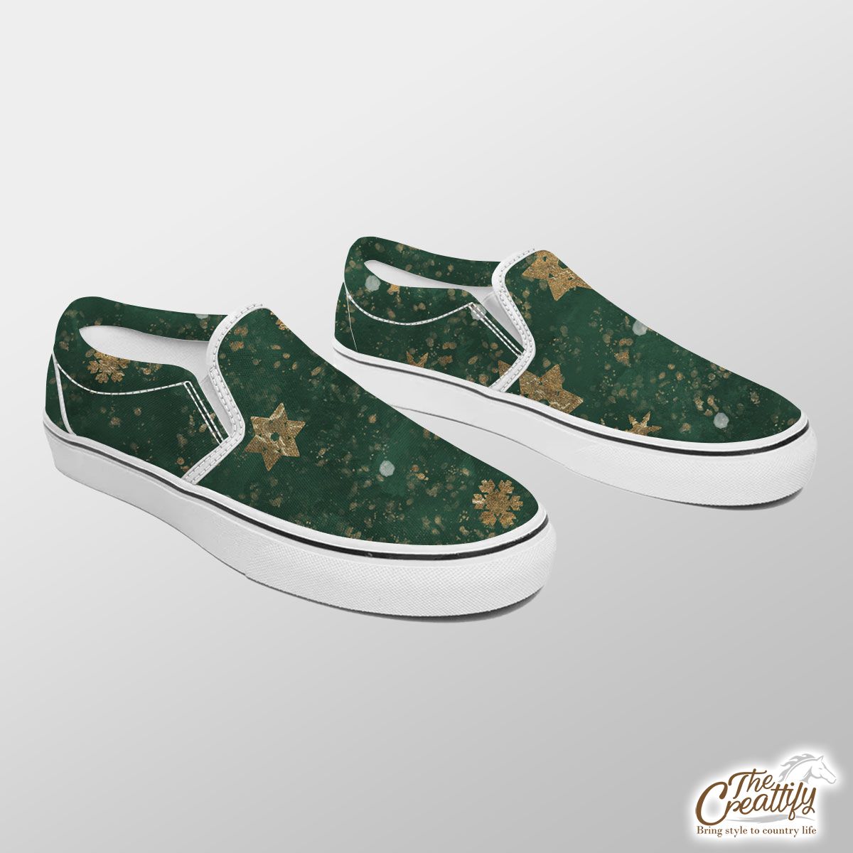 Gold Snowflake On Vintage Green Background Slip On Sneakers
