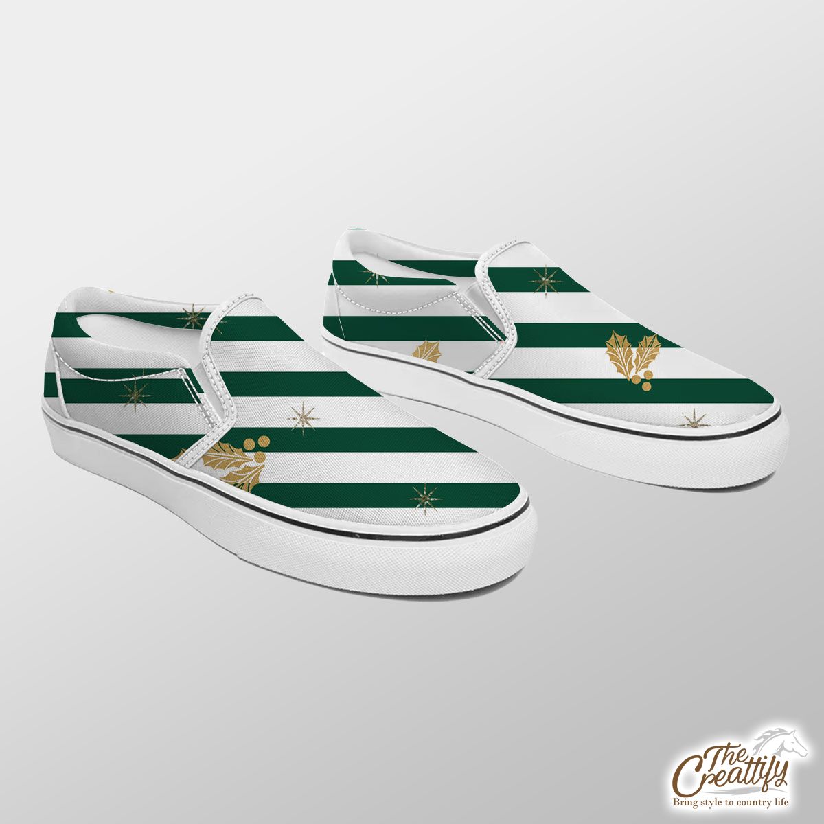 Holly Leaf On Green And White Stripe Slip On Sneakers