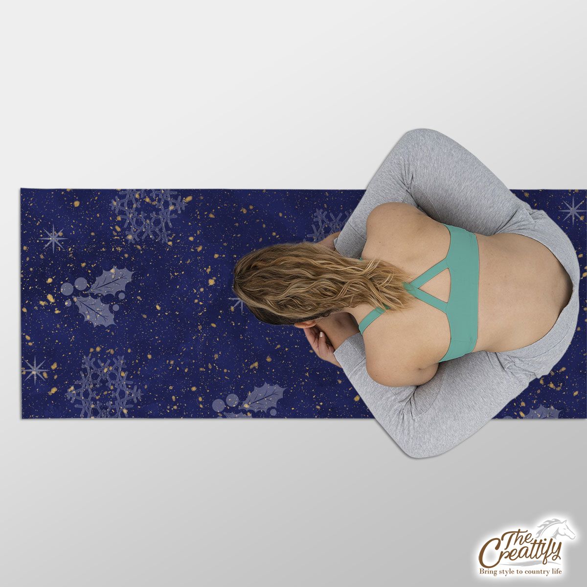 Holly Leaf, Snowfake On Dark Blue Background Yoga Mat