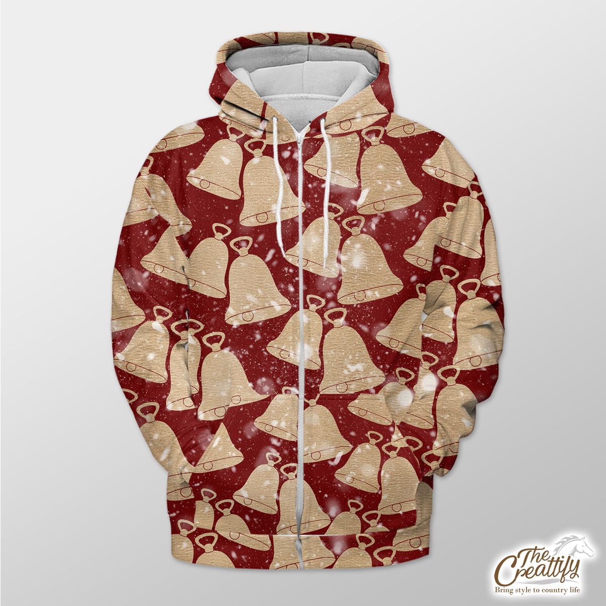 Gold Christmas Bell On Red Background Zip Hoodie