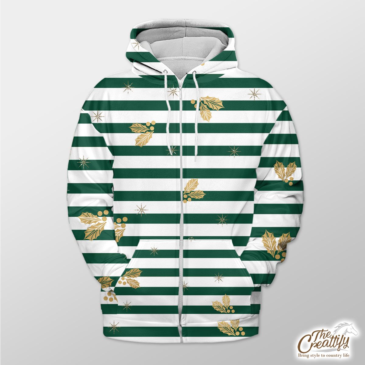 Holly Leaf On Green And White Stripe Zip Hoodie
