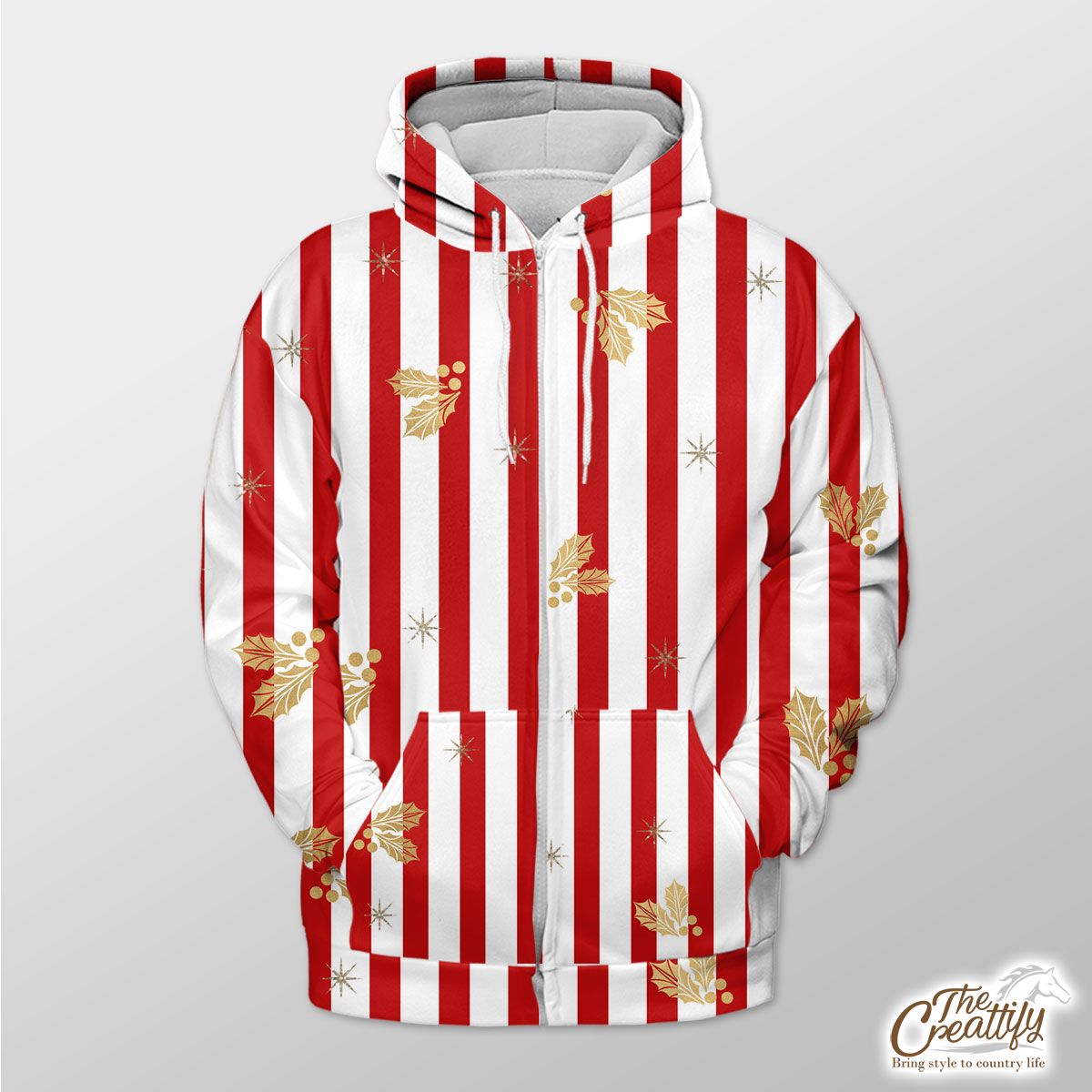 Holly Leaf On Red And White Stripe Zip Hoodie