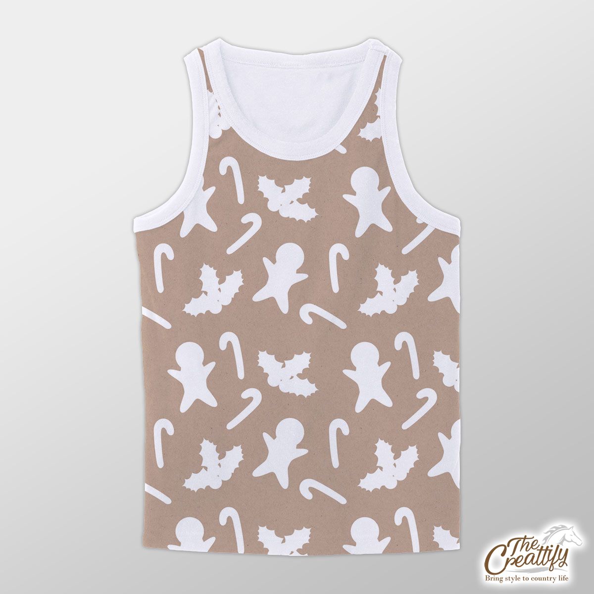 Christmas White Gingerbread Man, Christmas Holly Leaf, Candy Cane On Beige Nude Background Unisex Tank Top