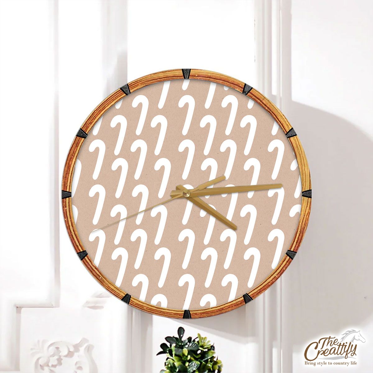 Christmas White Candy Cane Christmas On Beige Nude Background Wall Clock