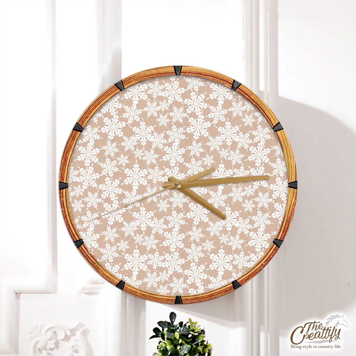 Christmas White Snowflake Christmas On Beige Nude Background Wall Clock