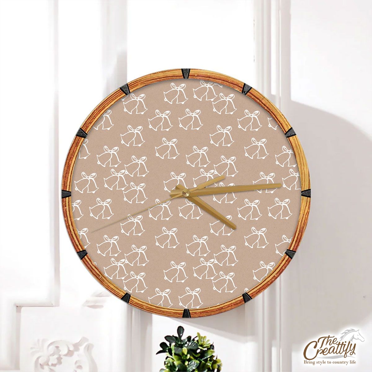 White Christmas Bell On Beige Nude Background Wall Clock