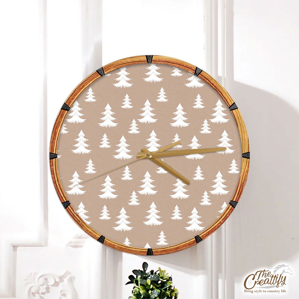 White Christmas Tree On Beige Nude Background Wall Clock