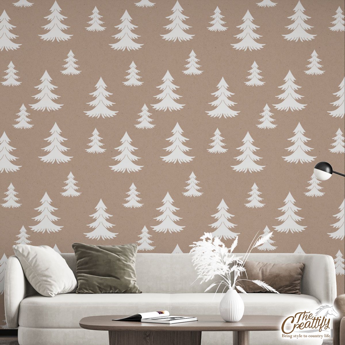 White Christmas Tree On Beige Nude Background Wall Mural