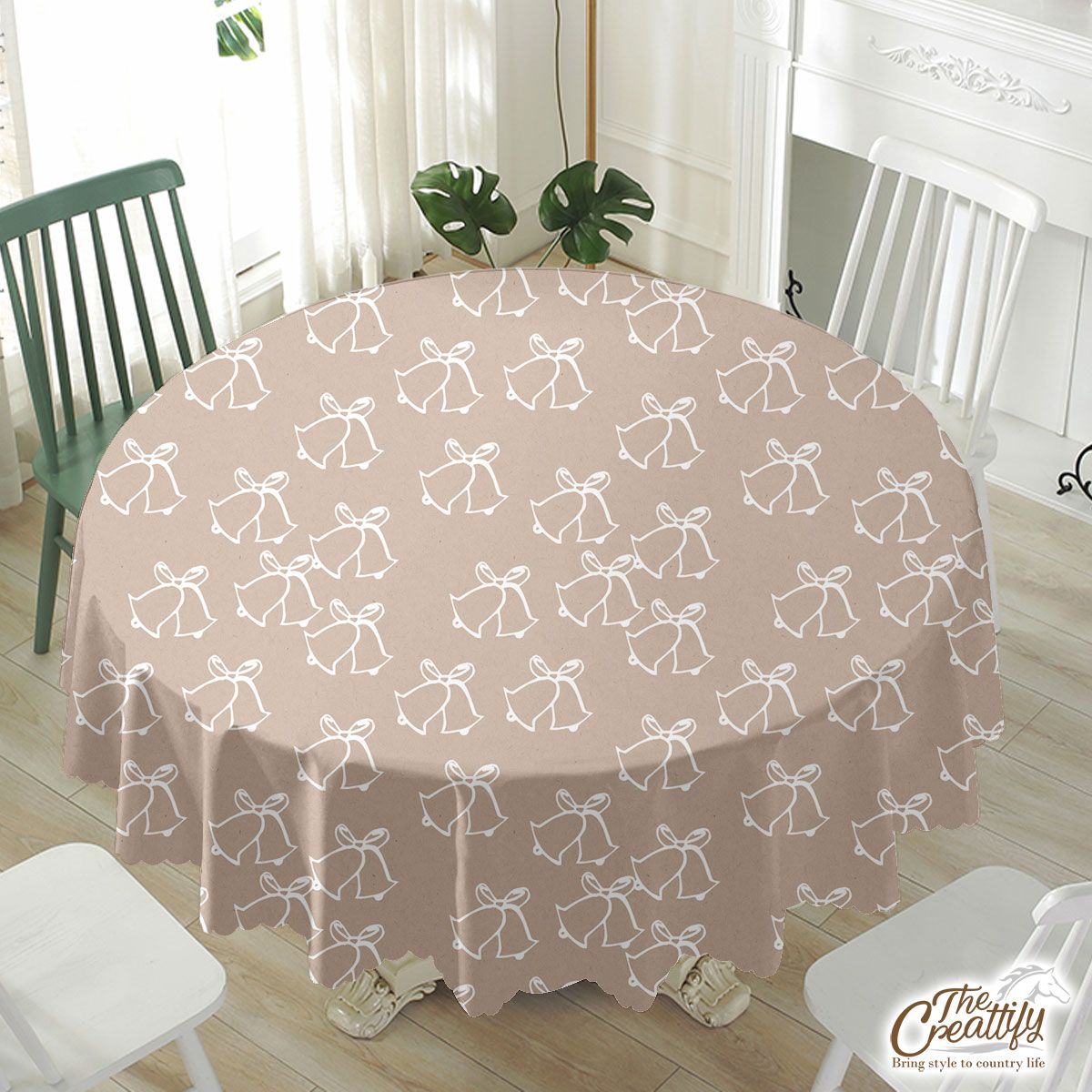 White Christmas Bell On Beige Nude Background Waterproof Tablecloth