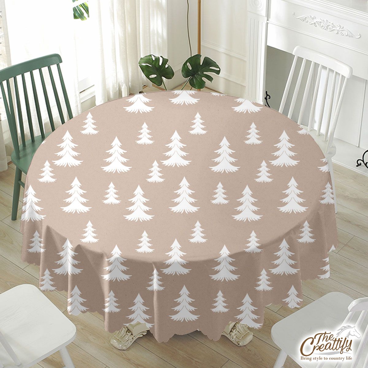 White Christmas Tree On Beige Nude Background Waterproof Tablecloth