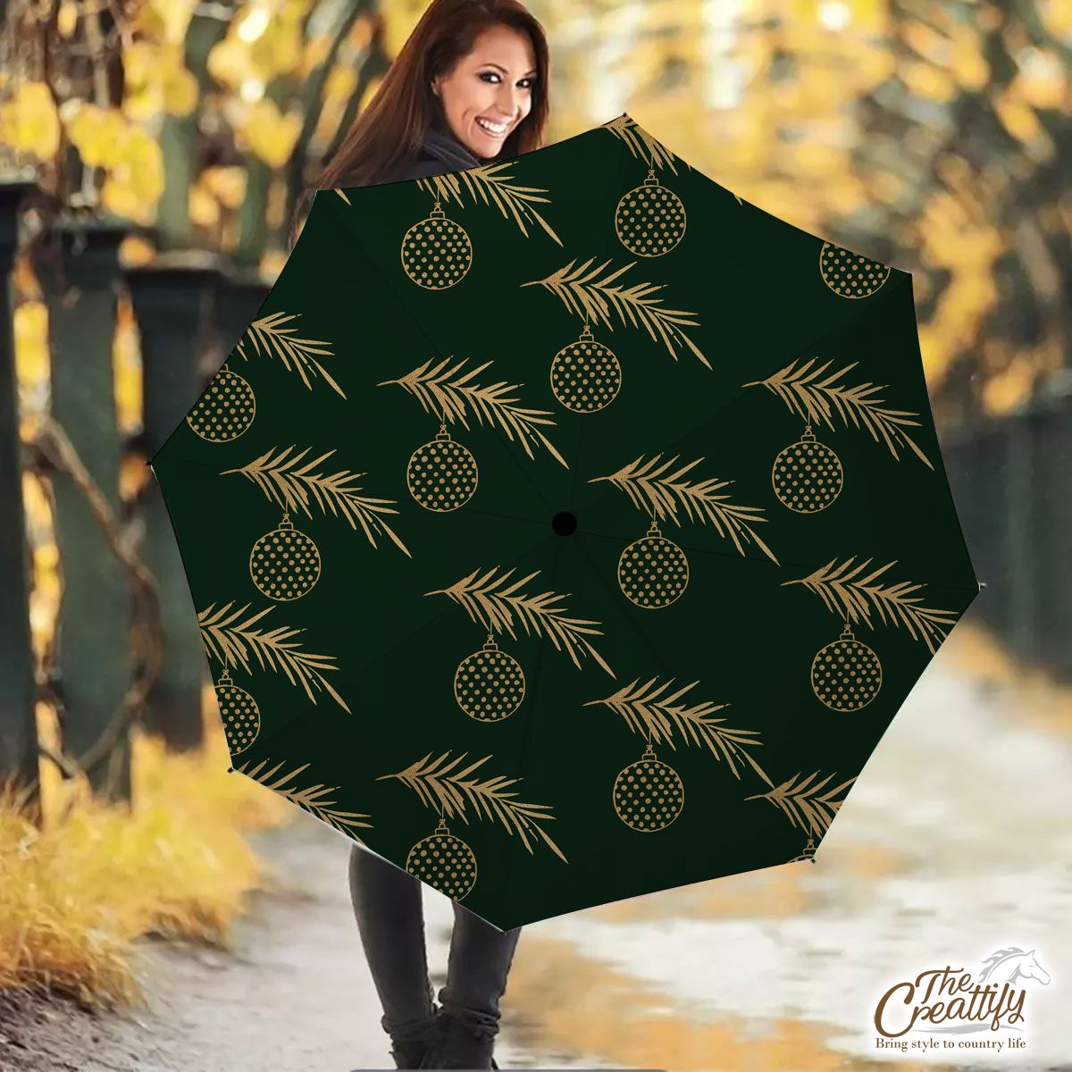 Gold And Green Christmas Bow And Christmas Tree Branch Umbrella