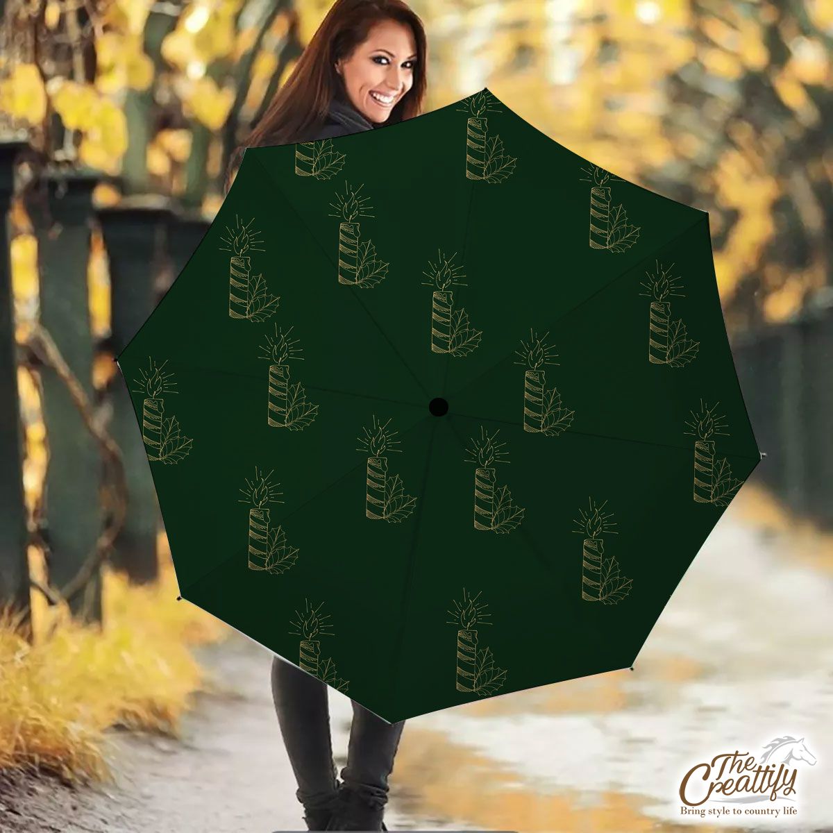 Gold And Green Christmas Candle With Holly Leaf Umbrella