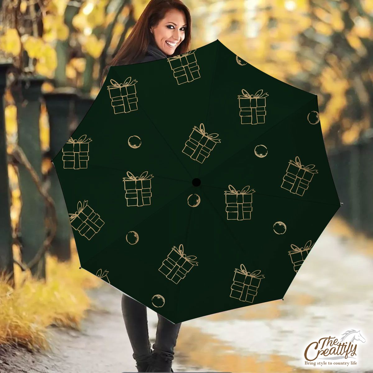 Gold And Green Christmas Gift Umbrella