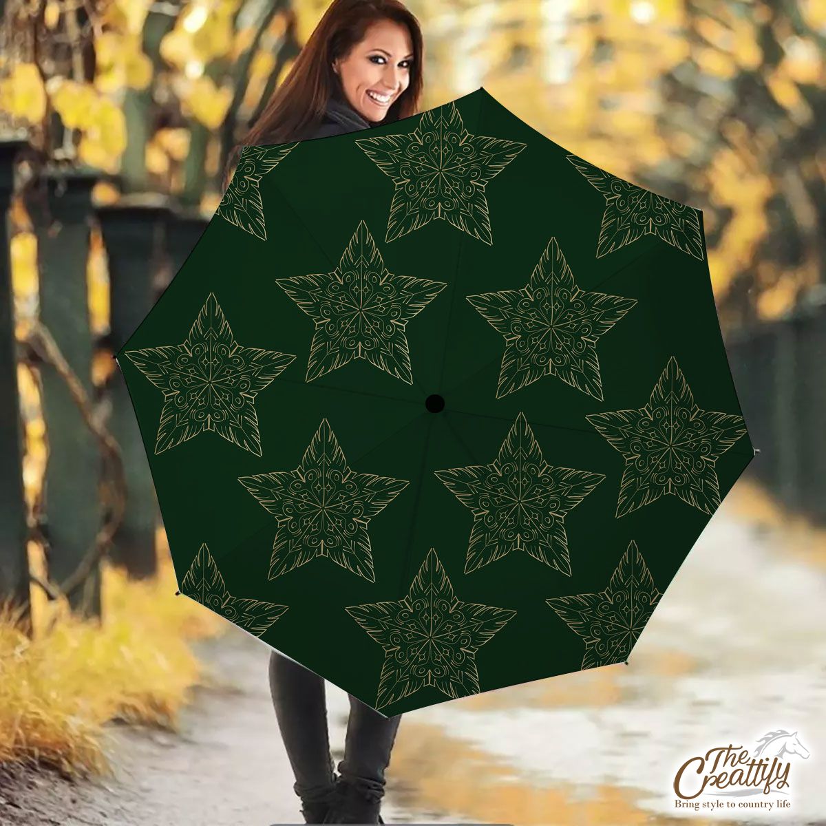 Gold And Green Christmas Star Umbrella