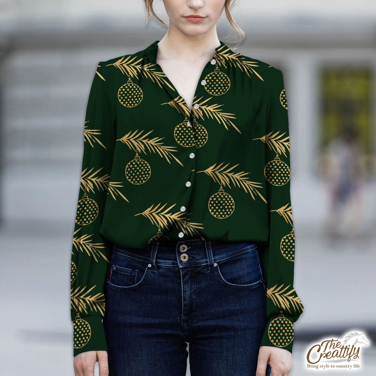 Gold And Green Christmas Bow And Christmas Tree Branch V-Neckline Blouses