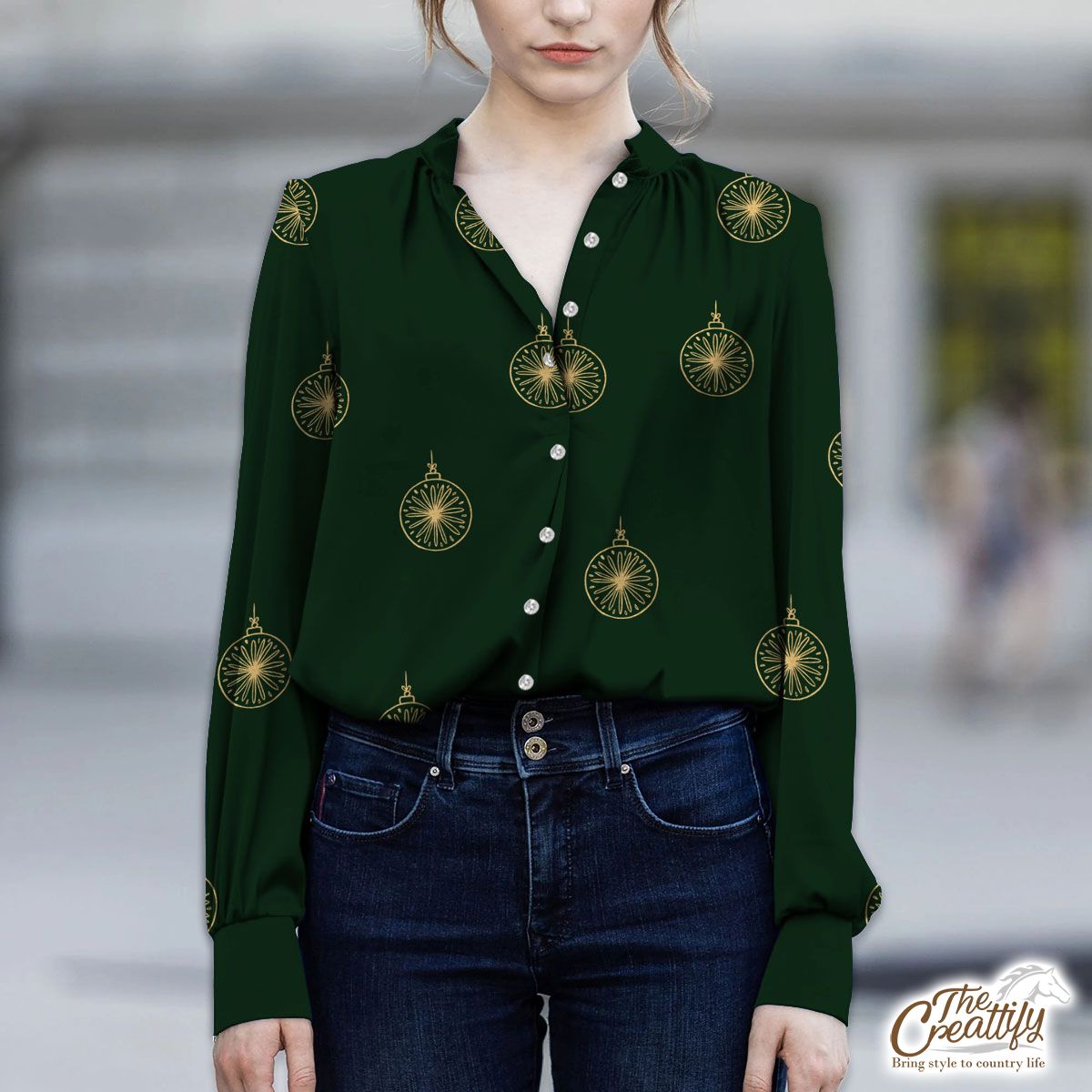 Gold And Green Christmas Ornament V-Neckline Blouses