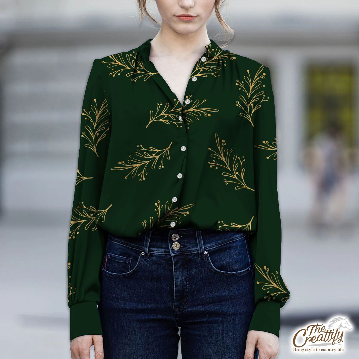 Gold And Green Christmas Tree Branch V-Neckline Blouses