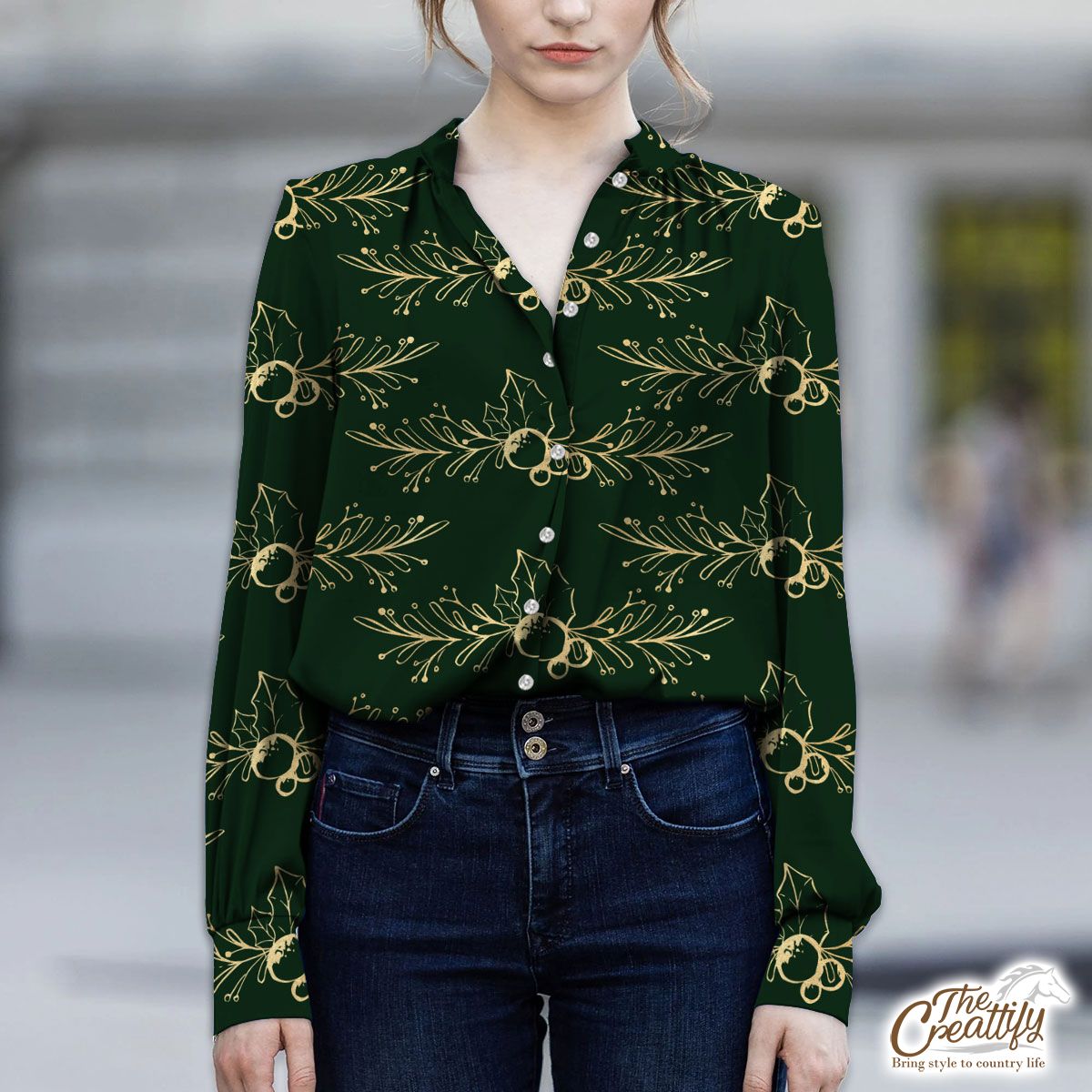 Gold And Green Holly Branch V-Neckline Blouses