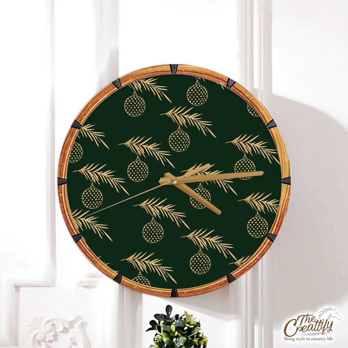 Gold And Green Christmas Bow And Christmas Tree Branch Wall Clock