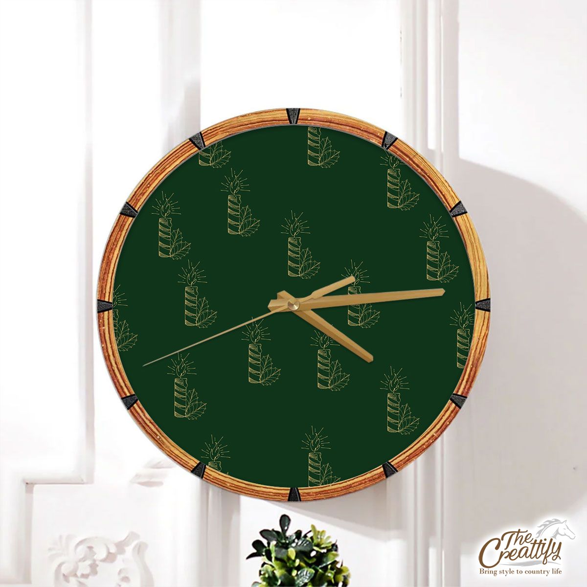 Gold And Green Christmas Candle With Holly Leaf Wall Clock