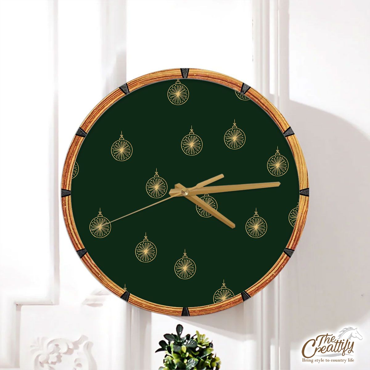 Gold And Green Christmas Ornament Wall Clock