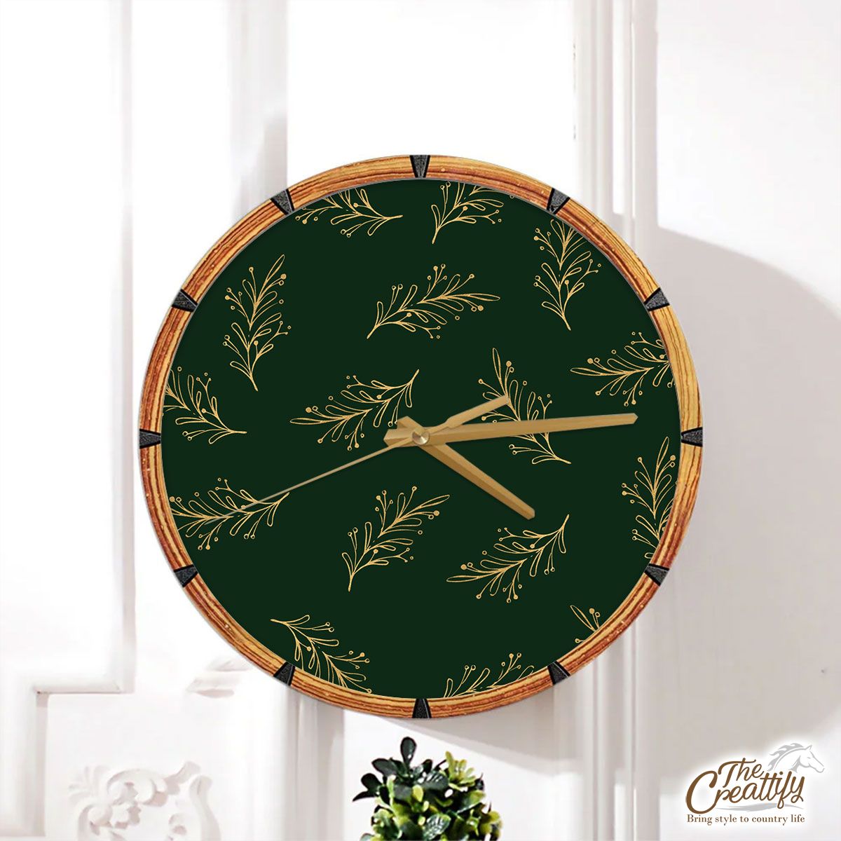 Gold And Green Christmas Tree Branch Wall Clock