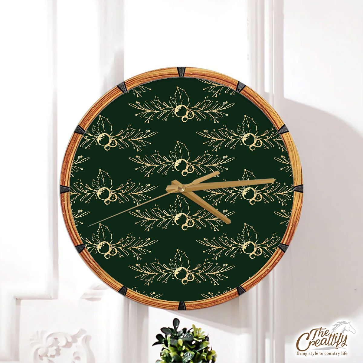 Gold And Green Holly Branch Wall Clock