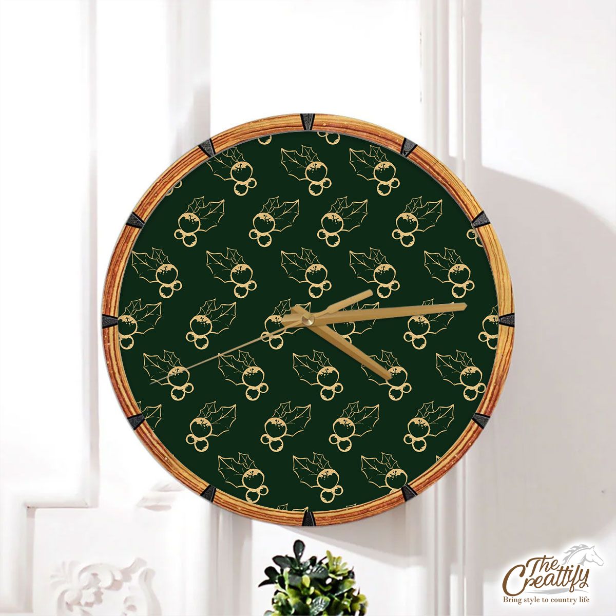 Gold And Green Holly Leaf Wall Clock