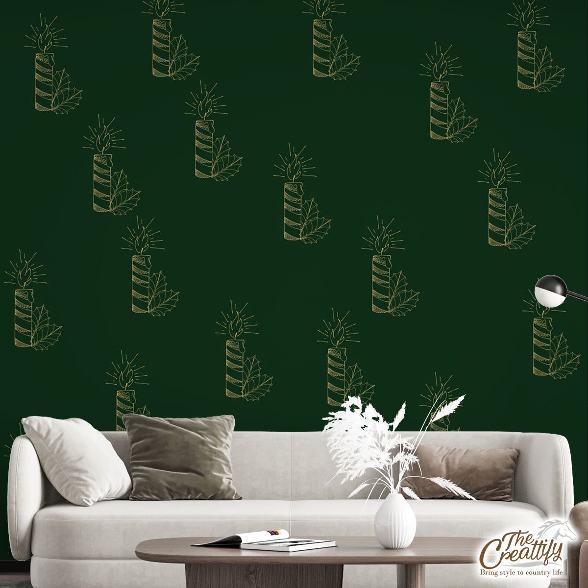 Gold And Green Christmas Candle With Holly Leaf Wall Mural